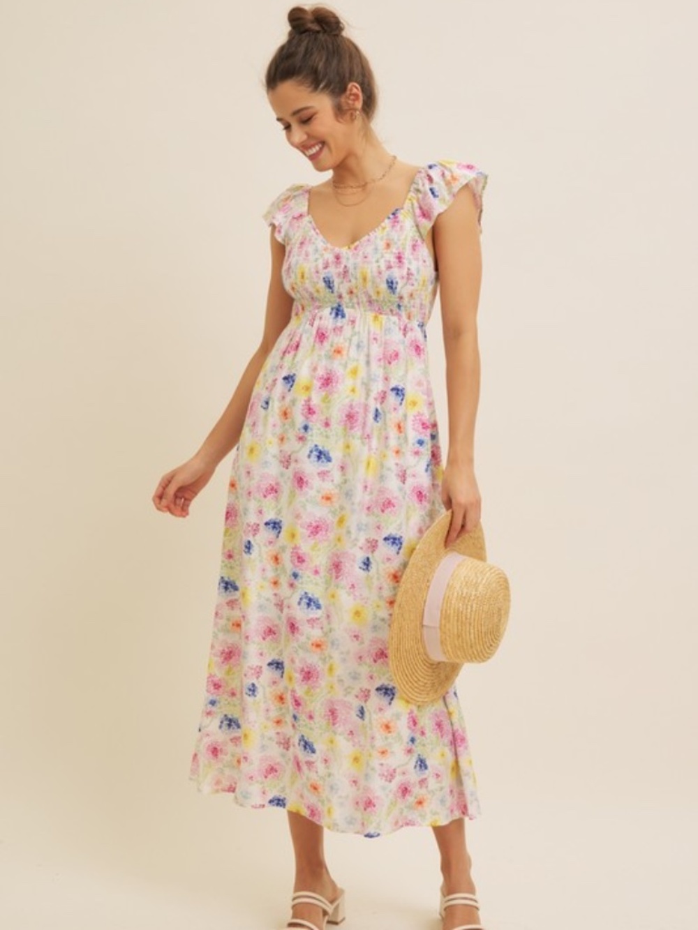 Pop Of Color Floral Smocked Maxi Dress With Bow